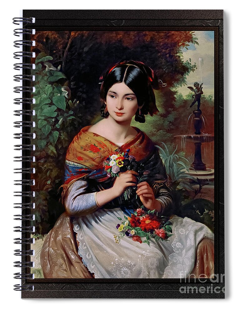A Girl With Flowers Spiral Notebook featuring the painting A Girl With Flowers by Jozsef Borsos Remastered Xzendor7 Fine Art Classical Reproductions by Rolando Burbon