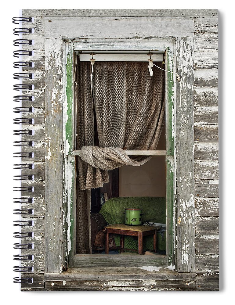 Abandoned Spiral Notebook featuring the photograph A Glimpse Back - view through broken window of abandoned ND farmstead by Peter Herman