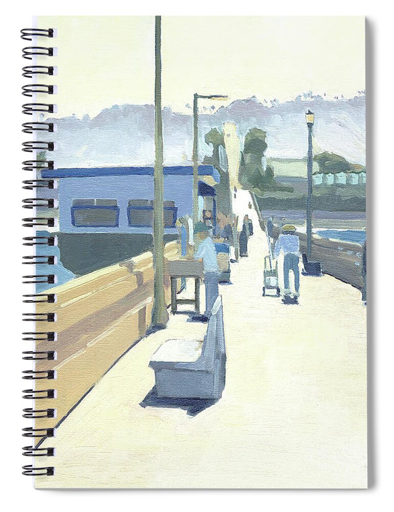 Ob Pier Spiral Notebook featuring the painting A Good Day of Fishing, OB Pier, San Diego by Paul Strahm
