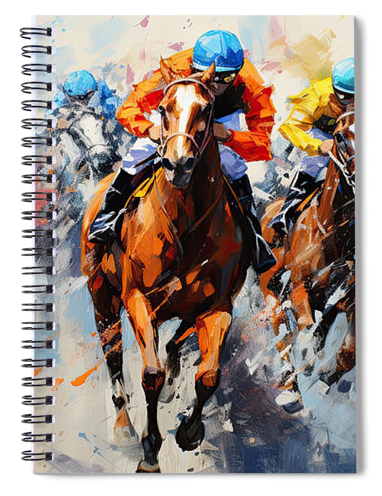 Horse Racing Spiral Notebook featuring the painting A Heart-Pounding Thrill by Lourry Legarde