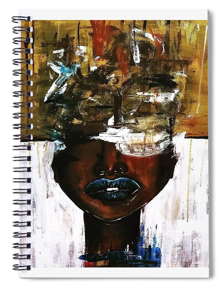 Fun Love Color Black Beauty Love Mind Soul Happy Spiral Notebook featuring the painting A lot on her mind by Shemika Bussey