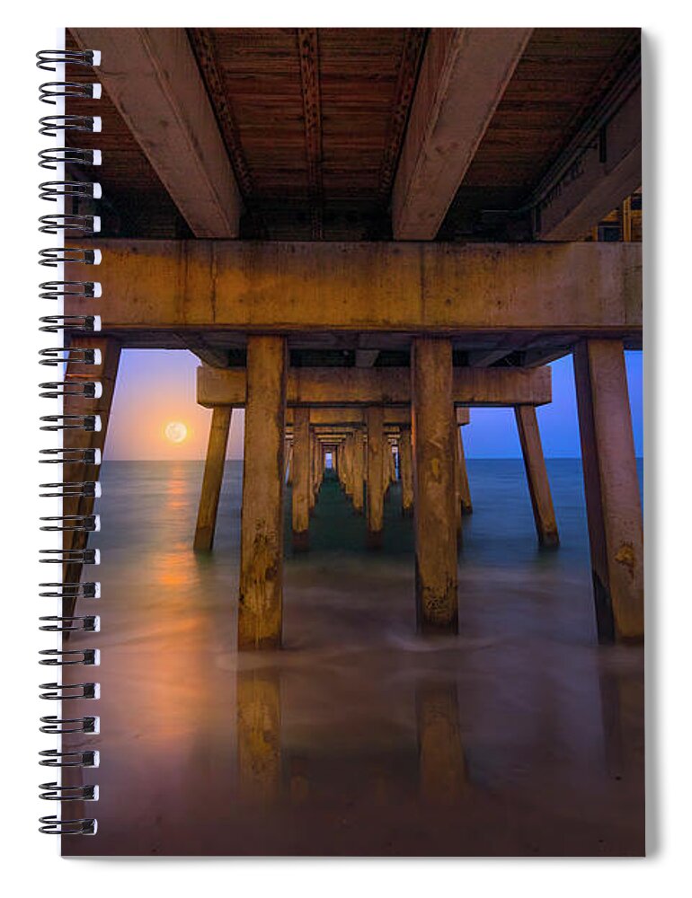 Moon Spiral Notebook featuring the photograph A Moonrise Under the Pier by Mark Andrew Thomas