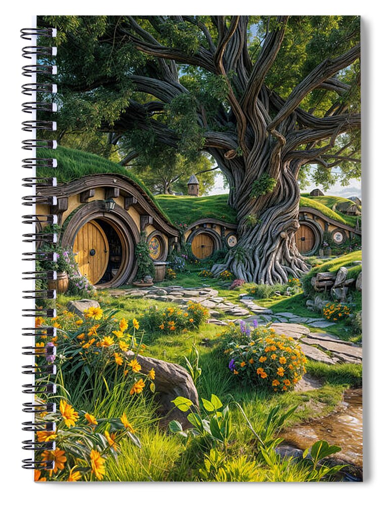 Village Spiral Notebook featuring the digital art A party Tree in Hobbiton by Frances Miller