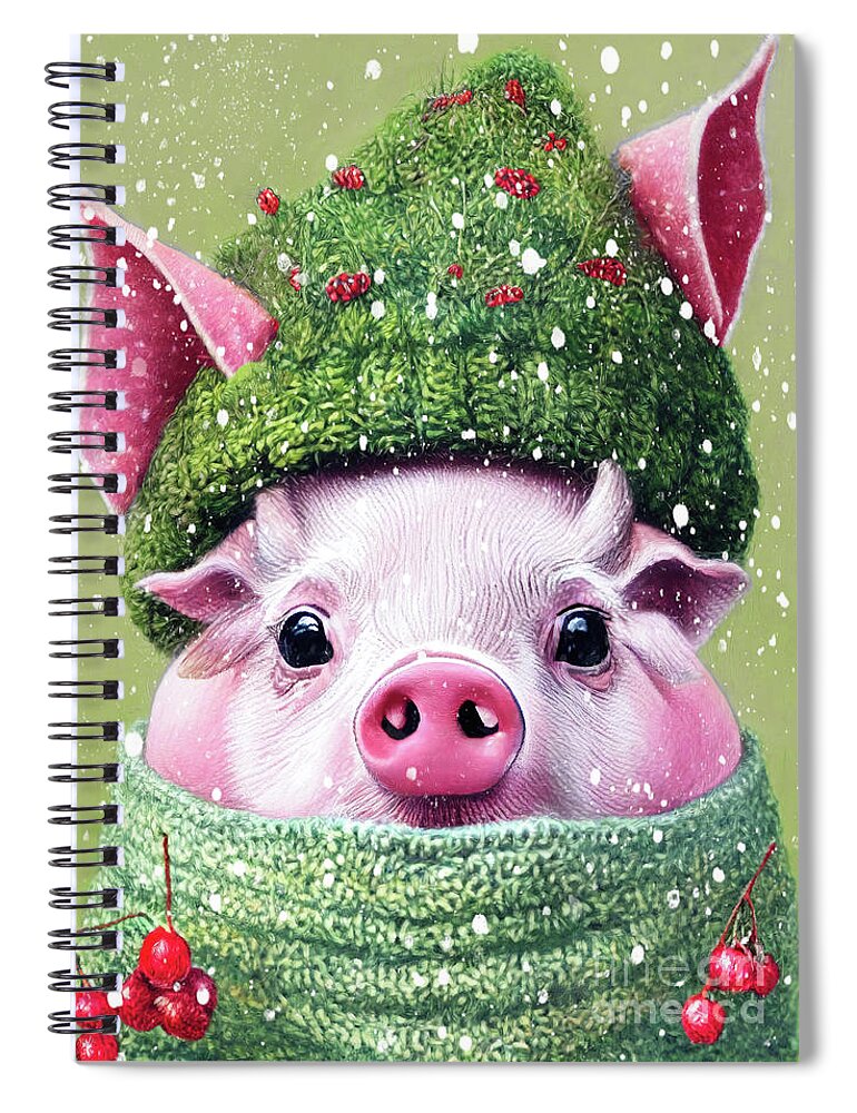 Pink Pig Spiral Notebook featuring the digital art A Piglet Wearing His Pig Hat by Tina LeCour
