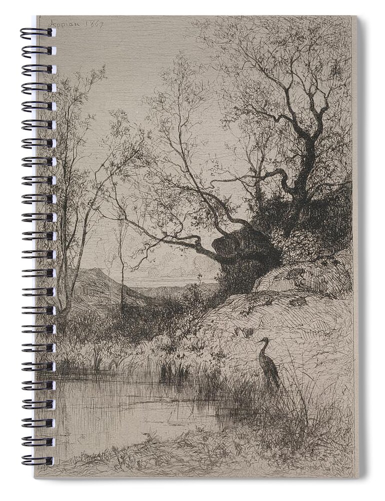 A Pond 1867 Adolphe Appian French 1818 To 1898 Spiral Notebook featuring the painting A Pond 1867 Adolphe Appian French 1818 to 1898 by MotionAge Designs
