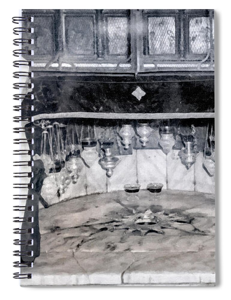 Nativity Spiral Notebook featuring the photograph A Prayer at Nativity Grotto by Munir Alawi