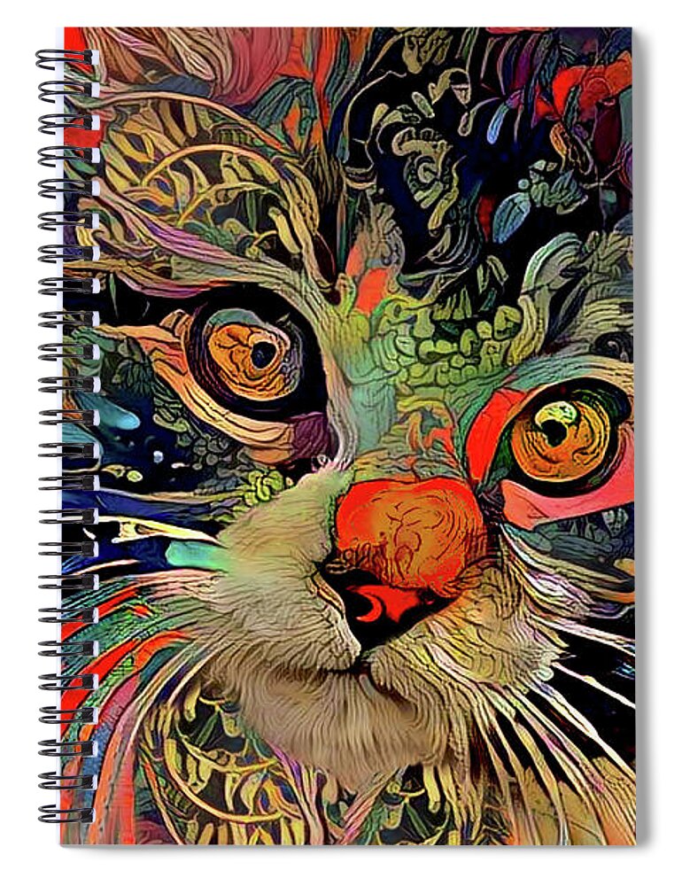 Maine Coon Cat Spiral Notebook featuring the mixed media A Psychedelic Maine Coon Cat Named Chaos by Peggy Collins