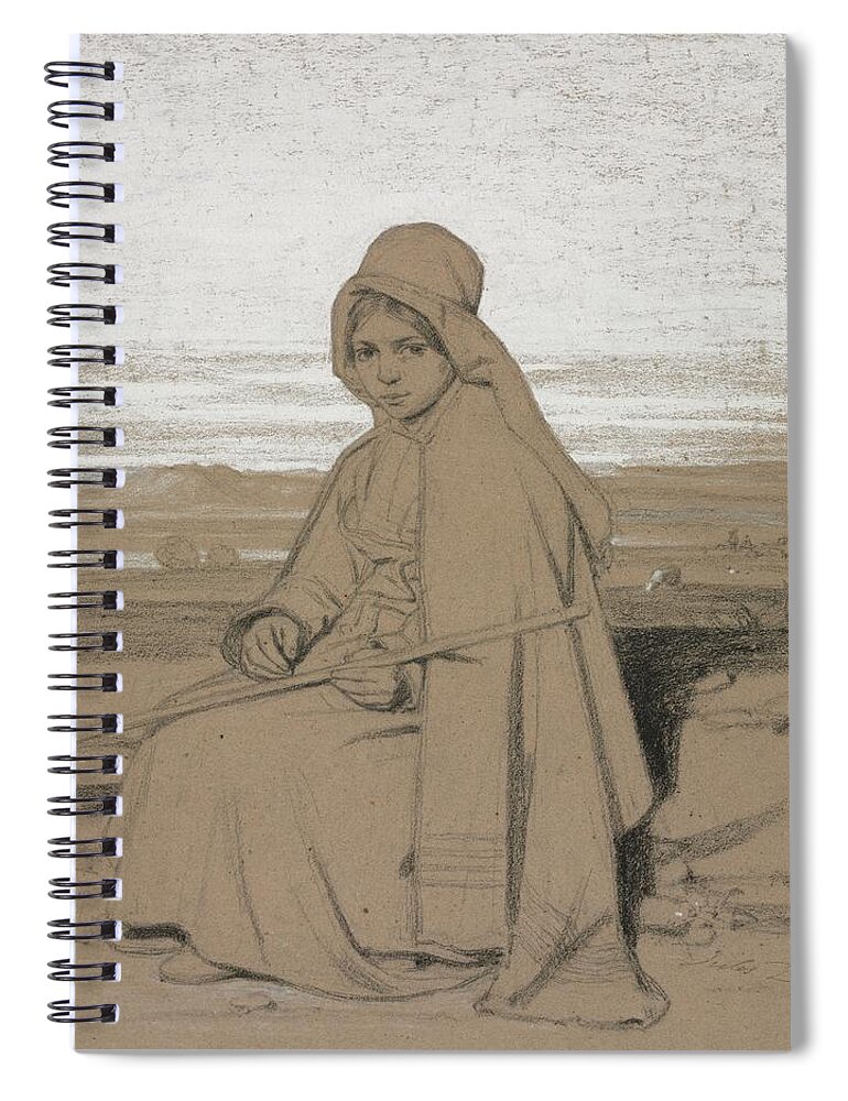 A Seated Shepherdess 1800s Jules Dupre French 1811 To 1889 Spiral Notebook featuring the painting A Seated Shepherdess 1800s Jules Dupre French 1811 to 1889 by MotionAge Designs