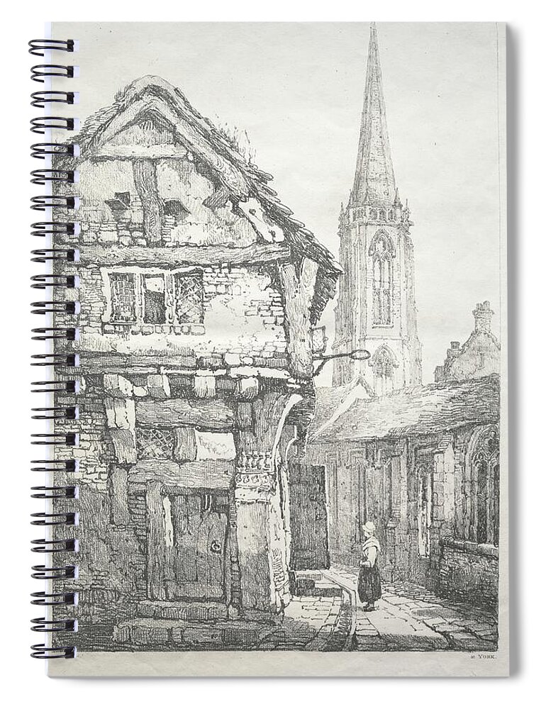 A Series Of Ancient Buildings And Rural Cottages In The North Of England At York Spiral Notebook featuring the painting A Series of Ancient Buildings and Rural Cottages in the North of England At York, Street beside Cloi by MotionAge Designs