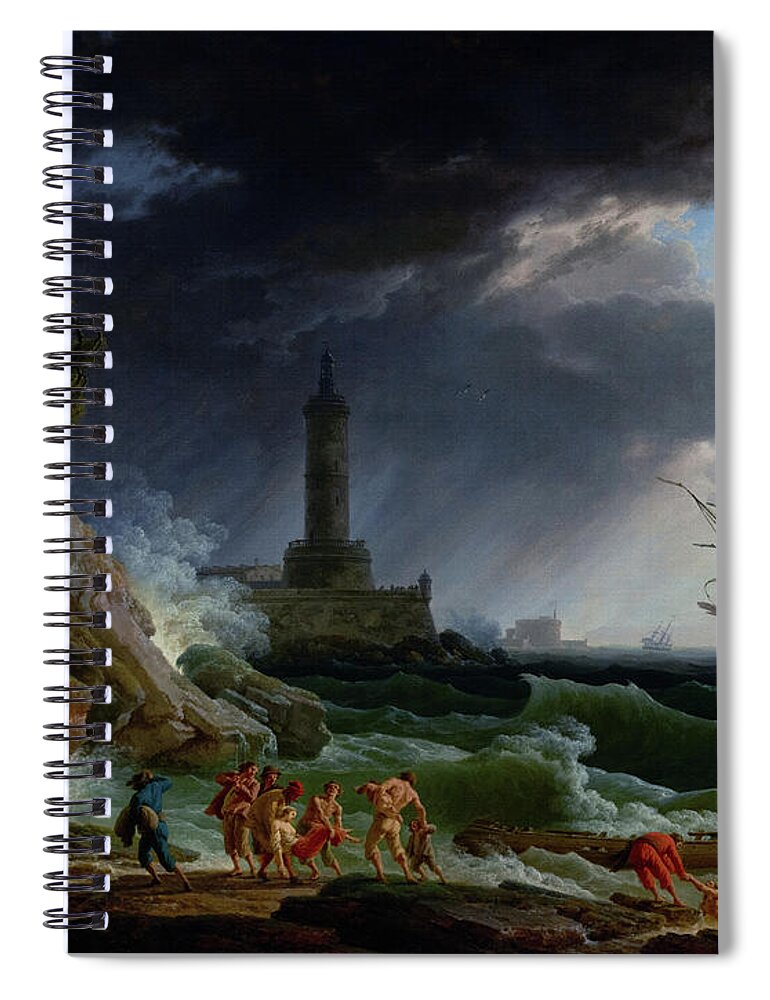 A Storm On A Mediterranean Coast Spiral Notebook featuring the painting A Storm on a Mediterranean Coast by Claude Joseph Vernet by Rolando Burbon