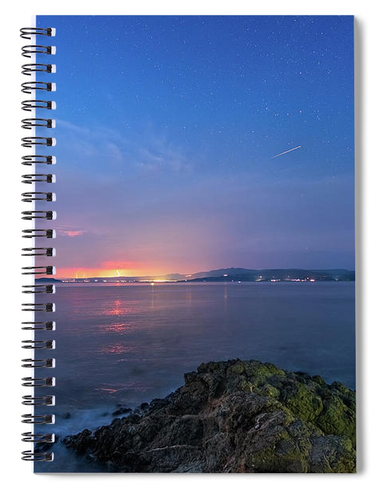 Thunderstorm Spiral Notebook featuring the photograph A Thunderstorm and a Perseid Meteor Shower by Alexios Ntounas