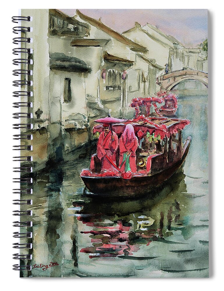 Village Spiral Notebook featuring the painting A Traditional Village Boat Wedding on the Ancient Canal in South China by Xueling Zou