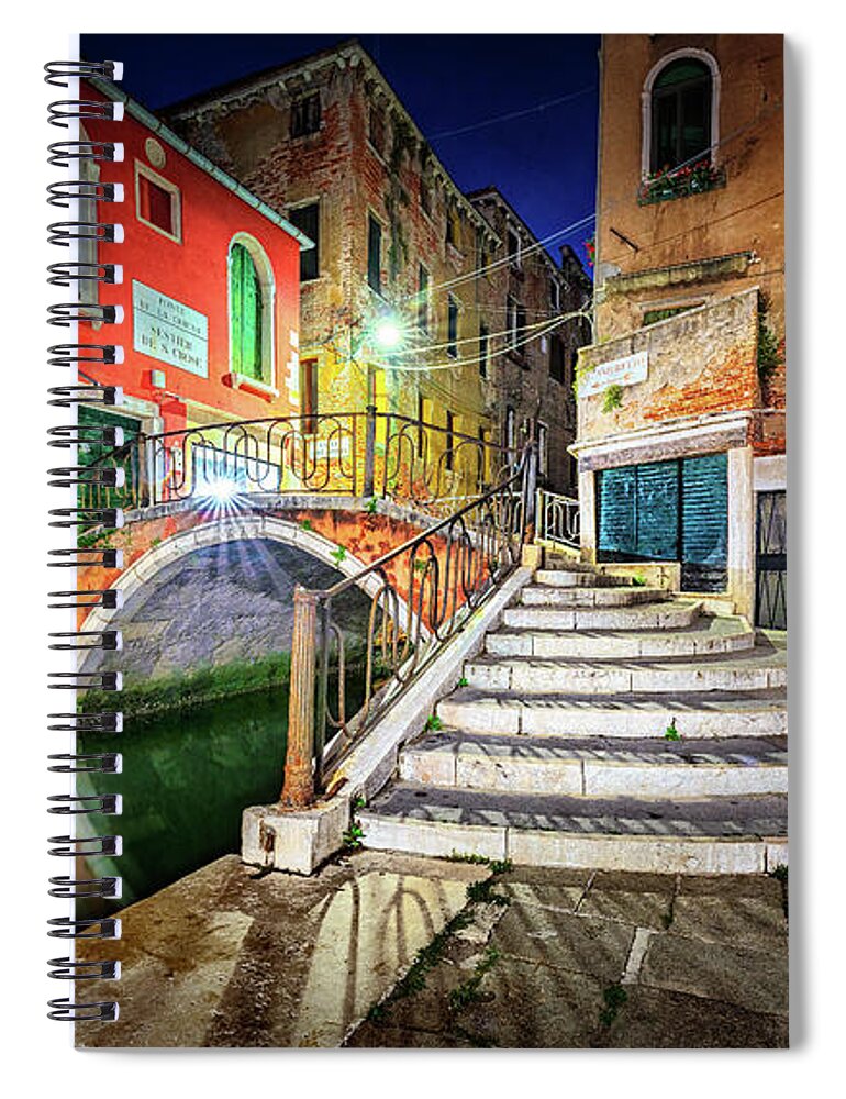 Night Spiral Notebook featuring the photograph A Venice's corner by night by The P