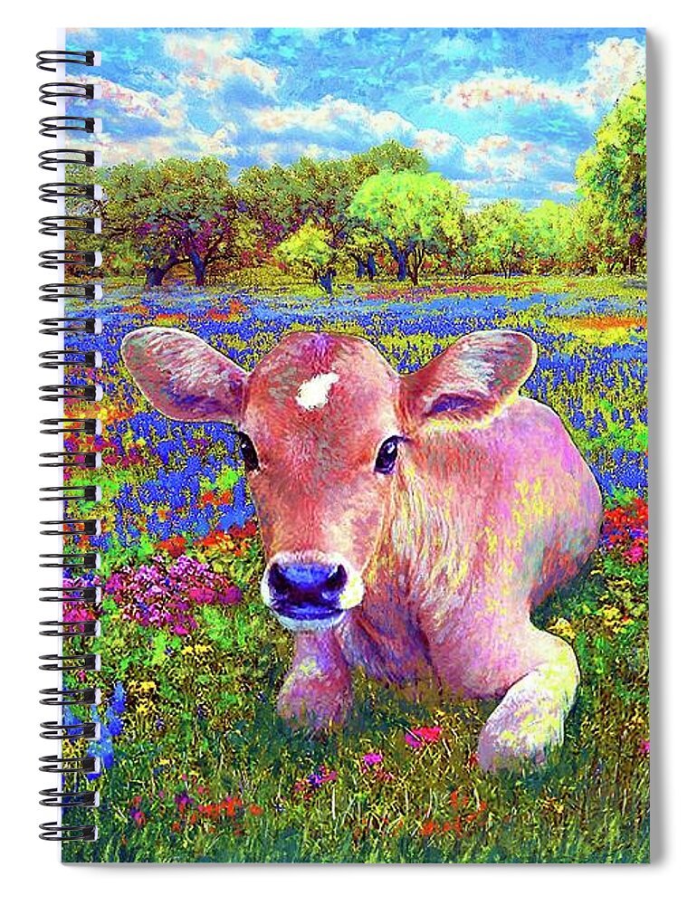 Floral Spiral Notebook featuring the painting A Very Content Cow by Jane Small