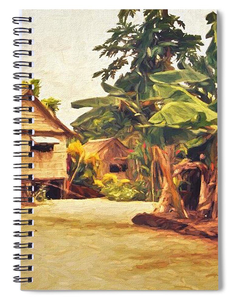 Gizo Spiral Notebook featuring the mixed media A Village House And Garden in Gizo by Joan Stratton