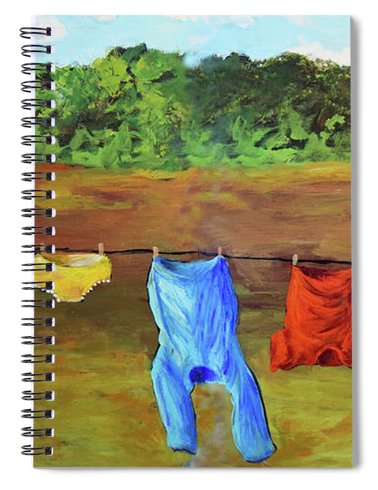 Laundry Spiral Notebook featuring the painting A Windy Clothes Line in Oklahoma - An Original by Cheri Wollenberg 2022 by Cheri Wollenberg