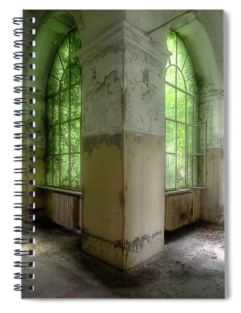 Urban Spiral Notebook featuring the photograph Abandoned Green Hallway by Roman Robroek