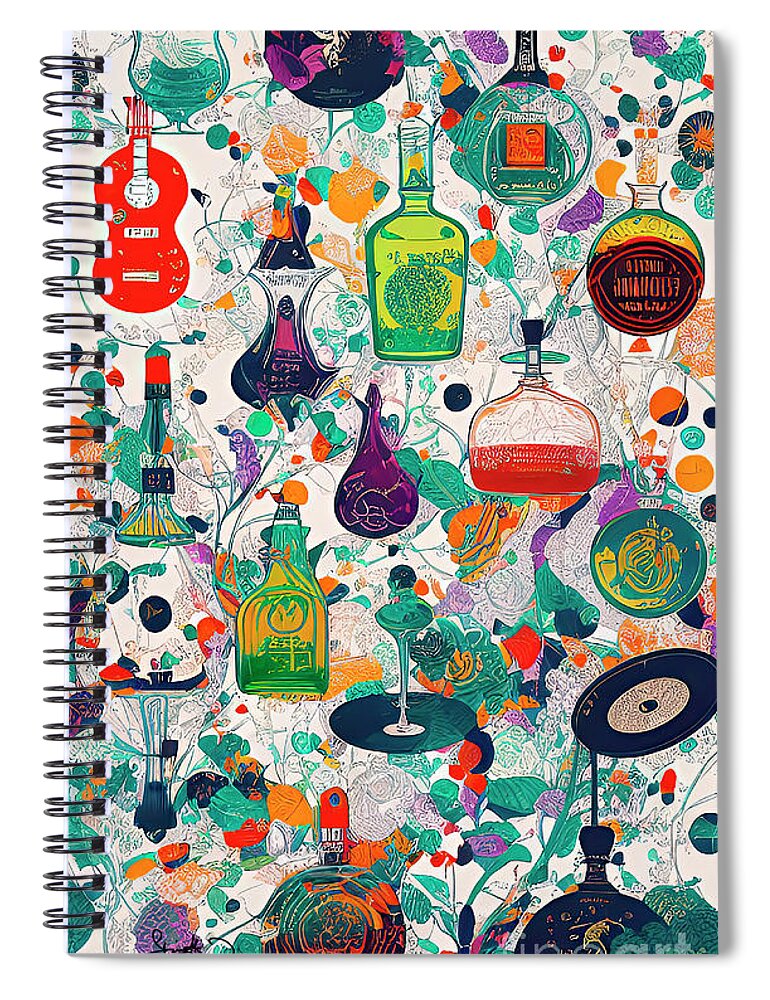 Music City Vinyl Records Spiral Notebook featuring the digital art Abstract Bottles Music Bar Beverages Contemporary Art by Ginette Callaway