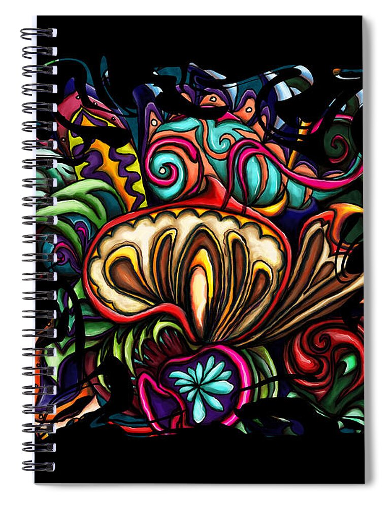 Mushroom Spiral Notebook featuring the painting Abstract chameleon on red mushrooms, swirly colorful by Nadia CHEVREL