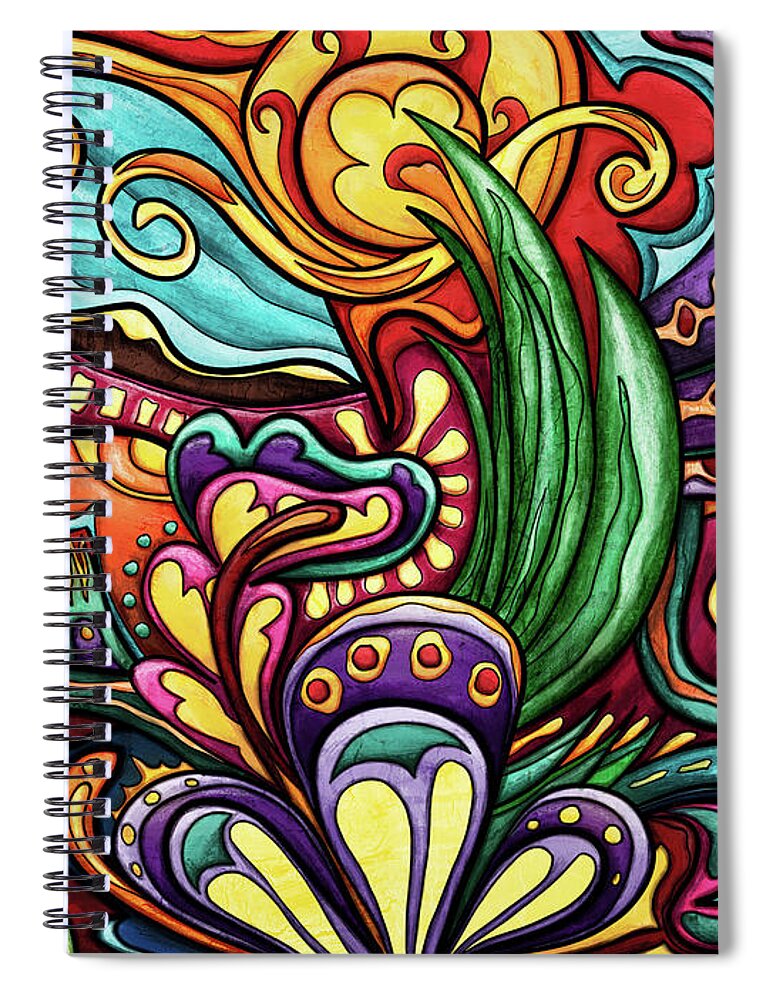 Colorful Abstract Spiral Notebook featuring the painting Abstract city landscape, colorful hippie by Nadia CHEVREL