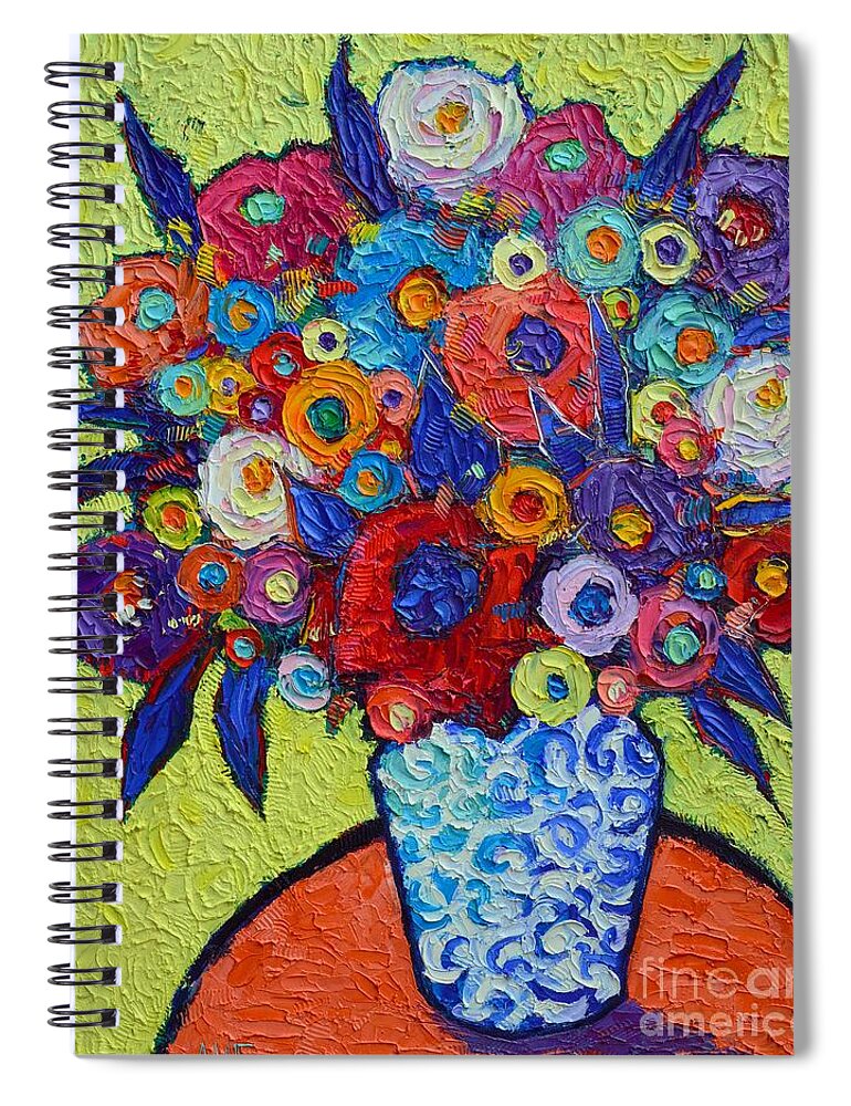 Abstract Spiral Notebook featuring the painting ABSTRACT COLORFUL ROSES AND WILD FLOWERS textural impressionist impasto palette knife oil painting by Ana Maria Edulescu
