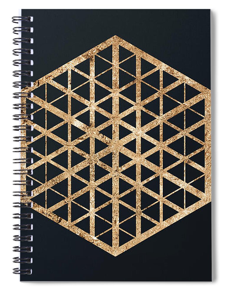 Glyph Spiral Notebook featuring the mixed media Abstract Geometric Gold Glyph Art on Dark Teal Blue 464 Horizontal by Holy Rock Design