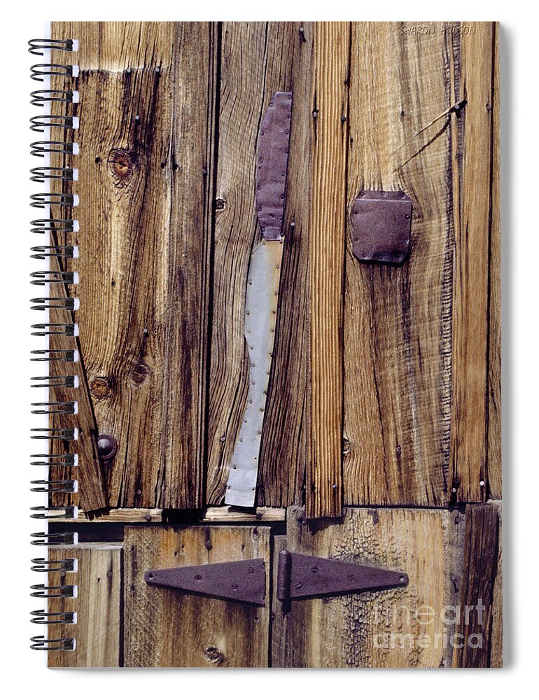 Abstract Spiral Notebook featuring the photograph abstract rustic photography - One-Eyed Barn Door by Sharon Hudson