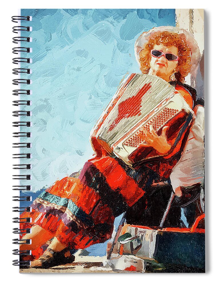 Accordion Player Spiral Notebook featuring the mixed media Accordion player Nova Scotia Painting by Tatiana Travelways