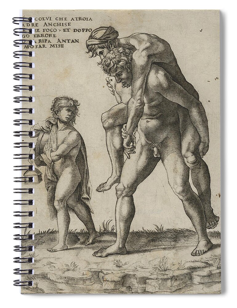 Giovanni Jacopo Caraglio Spiral Notebook featuring the drawing Aeneas rescuing Anchises, a young boy carrying a lantern at left by Giovanni Jacopo Caraglio