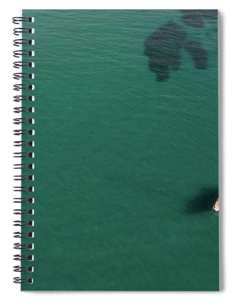 Anchored Spiral Notebook featuring the photograph Aerial view of a luxury yacht anchored in the surface of the sea. Cyprus vacations by Michalakis Ppalis