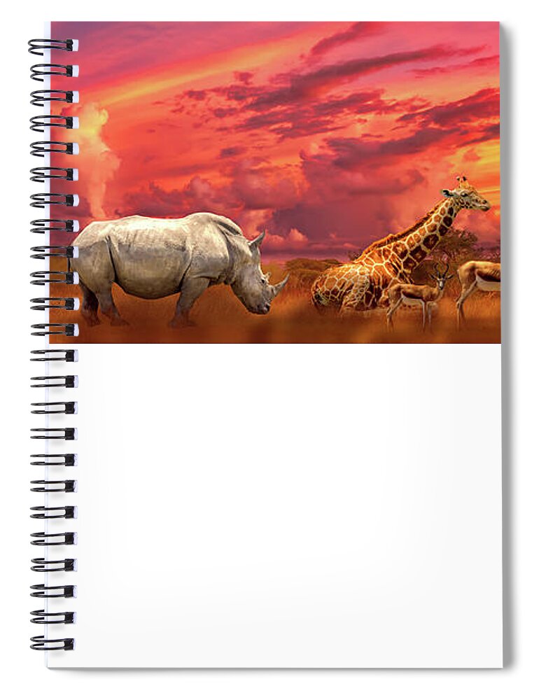 Tanzania Spiral Notebook featuring the photograph African animals sunset panorama by Benny Marty