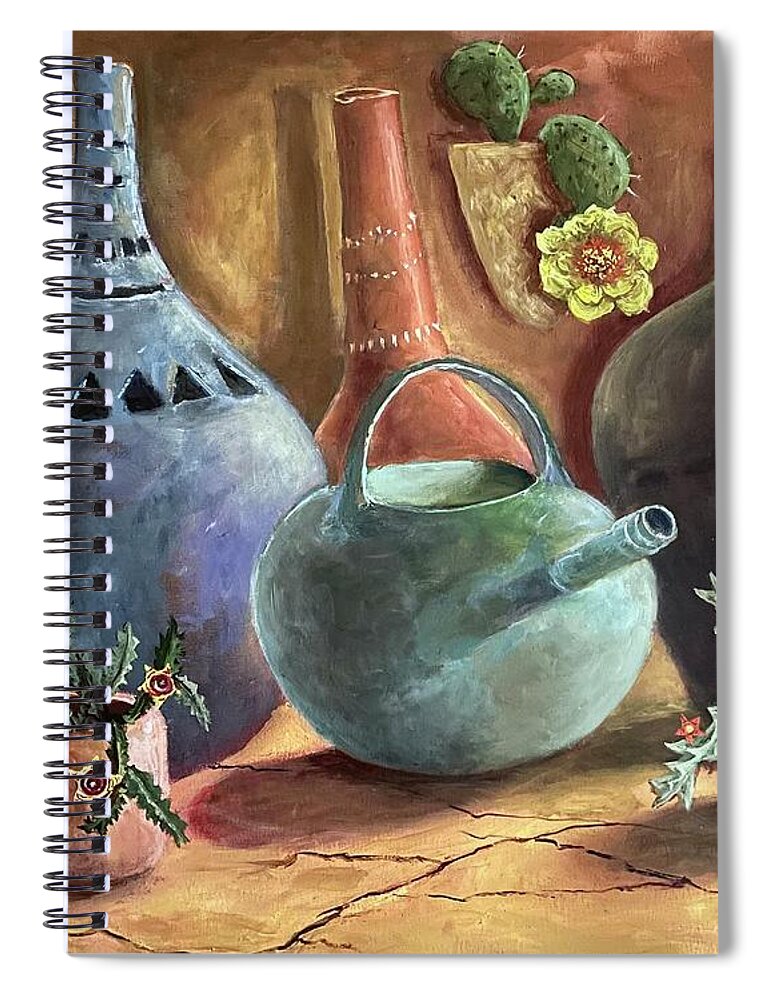 African Spiral Notebook featuring the painting African Pottery, Cactus Flowers And Golden Light by Rand Burns