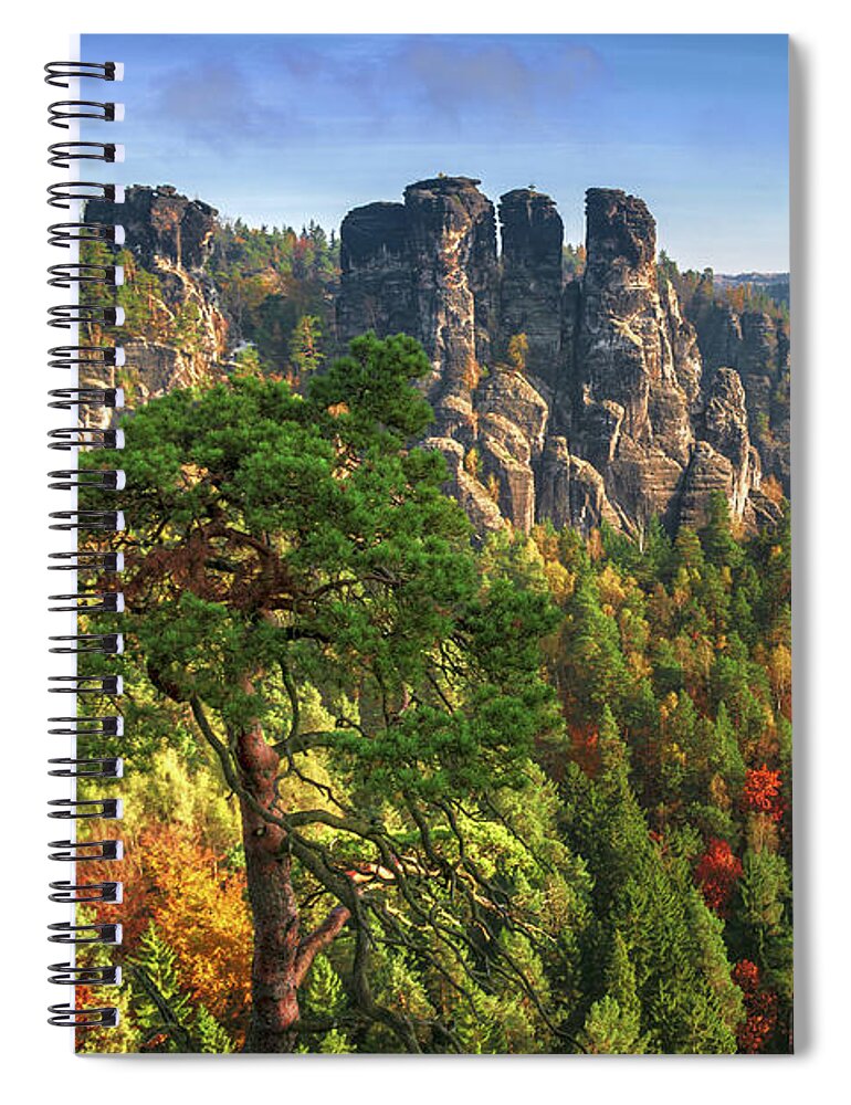Saxon Switzerland Spiral Notebook featuring the photograph After sunrise on the Bastei rocks by Sun Travels