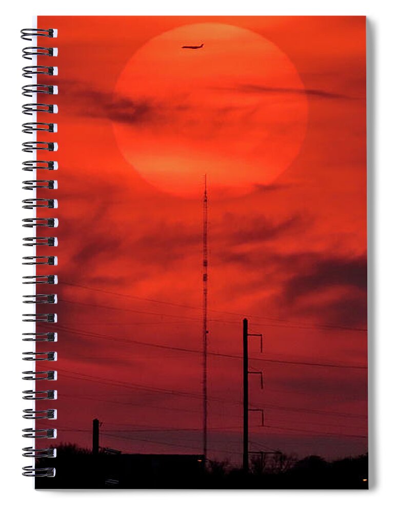 Sunset Spiral Notebook featuring the photograph Airplane Passing in Front of Setting Sun Over Philadelphia by Linda Stern