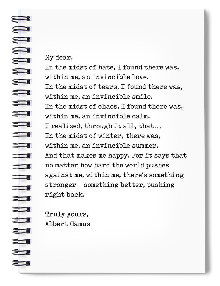 Albert Camus Spiral Notebook featuring the digital art Albert Camus Quote - Invincible Summer 1 - Typewriter Print - Minimalist, Inspiring Literary Quote by Studio Grafiikka
