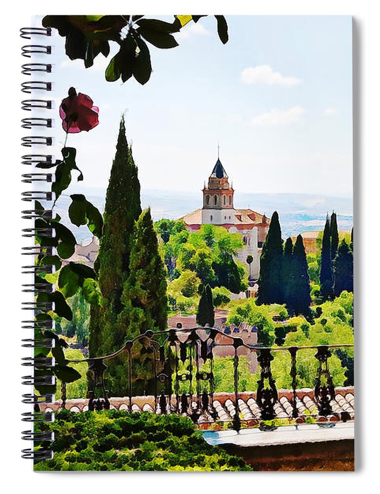 Alhambra Spiral Notebook featuring the photograph Alhambra gardens, digital paint by Tatiana Travelways