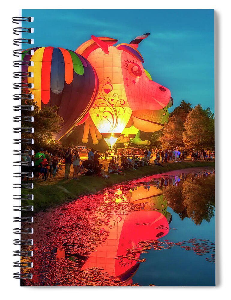 Hot Air Balloons Spiral Notebook featuring the photograph Alleycorn and Friends Glow - Centralia Balloon Fest by Susan Rissi Tregoning