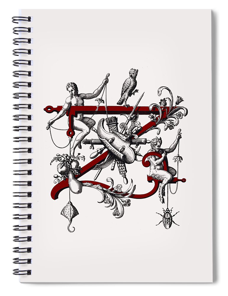 Name Day Gift Spiral Notebook featuring the mixed media alphabet, monogram initials, vignette letter Z, monogram Z, initial Z, name Z, abbreviation Z by Elena Gantchikova