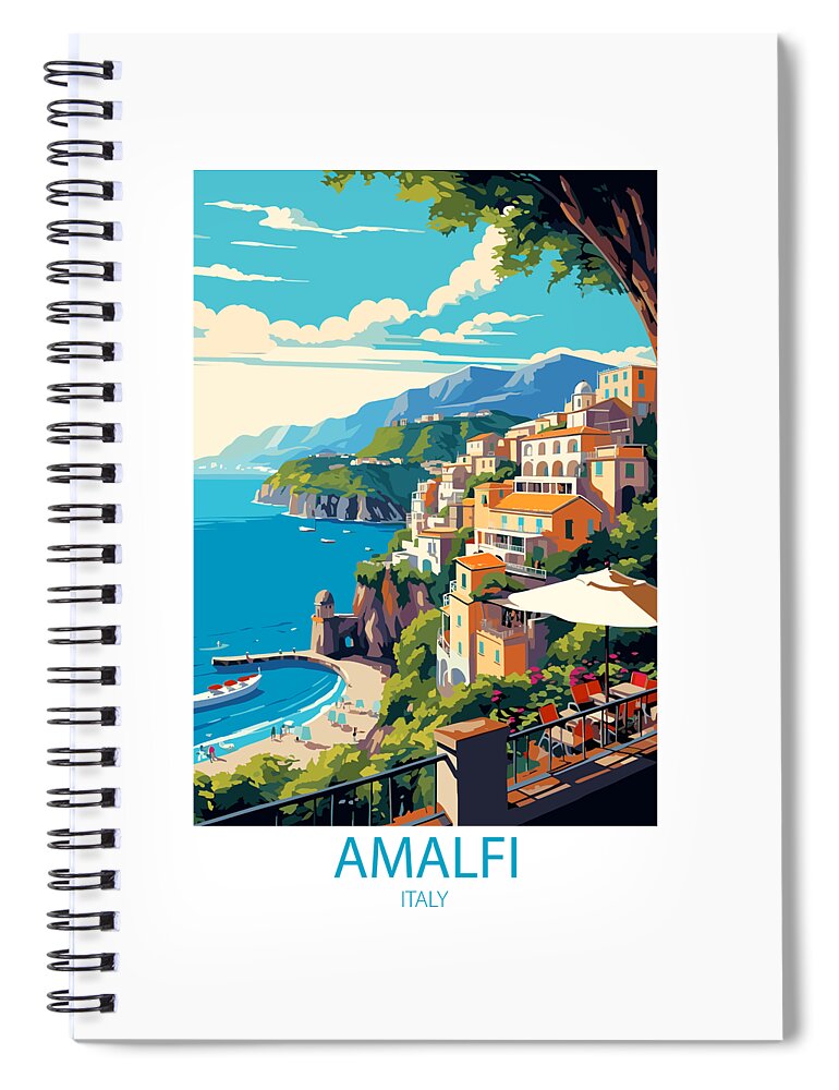 Famous Places Spiral Notebook featuring the mixed media Amalfi Italy by Travel Posters