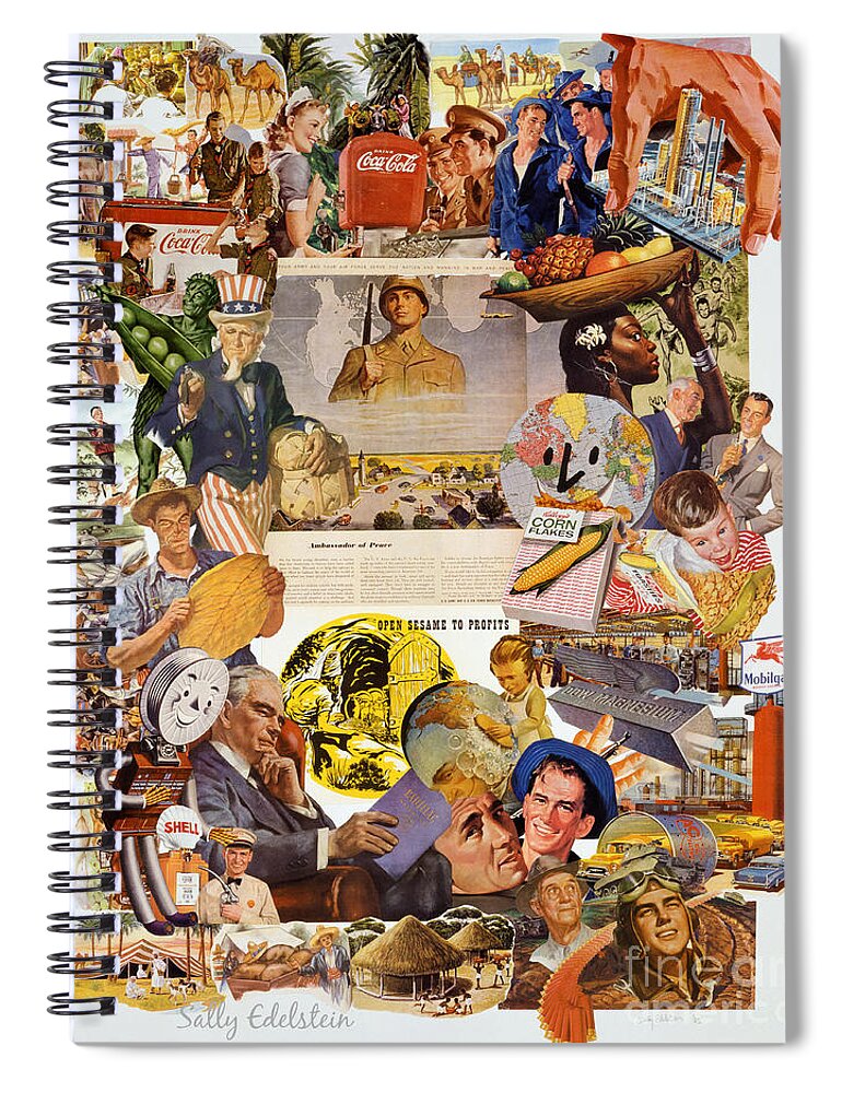 Collage Spiral Notebook featuring the mixed media Ambassador of Peace Open sesame to Profits by Sally Edelstein