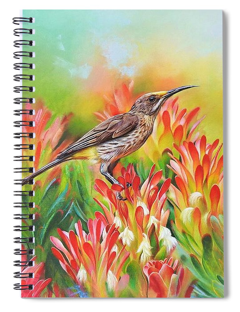 African Wildlife Spiral Notebook featuring the mixed media Among proteas - Cape Sugarbird by Elena Kolotusha
