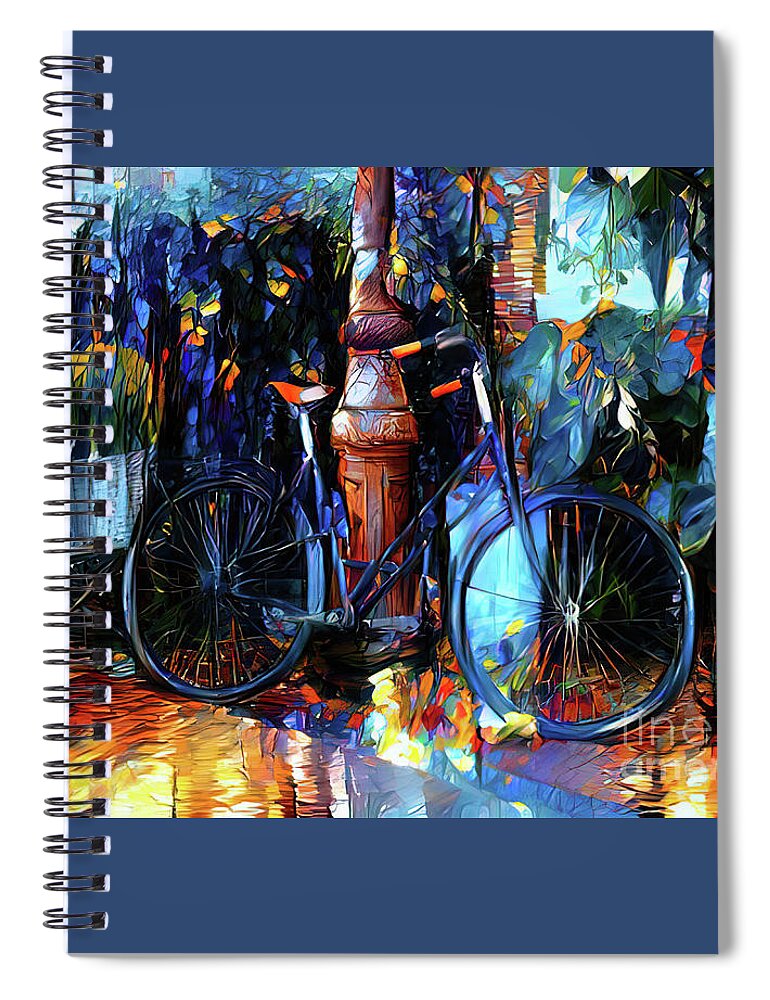 Amsterdam Spiral Notebook featuring the photograph Amsterdam street scene with bicycle leaning against a lamp post and colourful flowers. Digital painting by Jane Rix