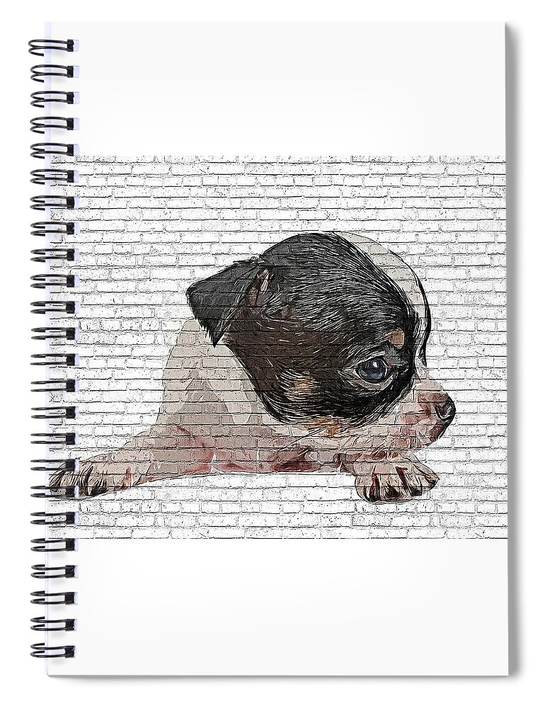 Angel Spiral Notebook featuring the painting An Angel, Black and White Chihuahua Dog Puppy - Brick Block Background by Custom Pet Portrait Art Studio