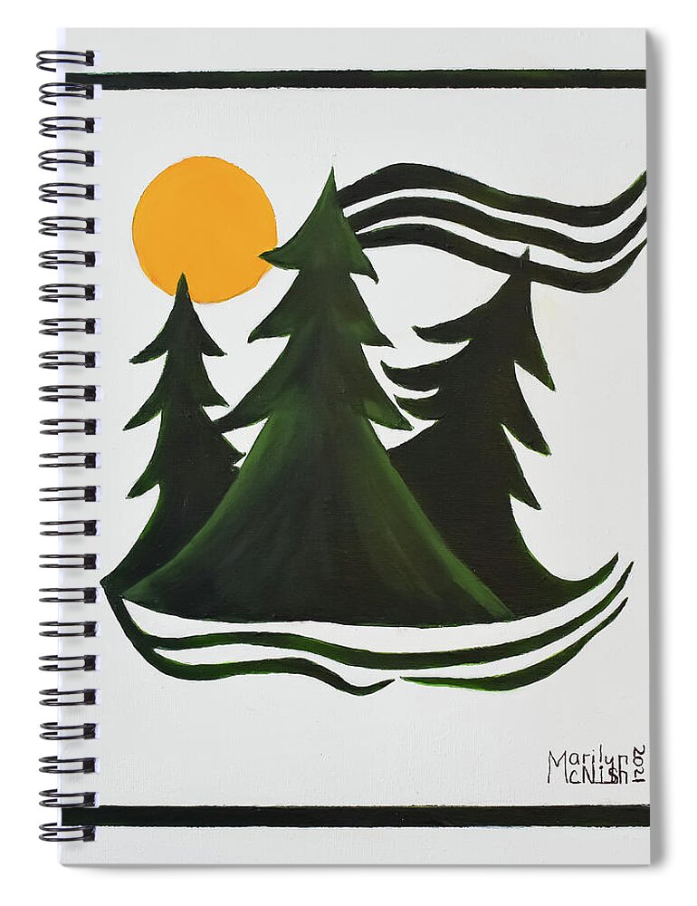 Pine Tree Spiral Notebook featuring the painting An Orange Moon Summons by Marilyn McNish