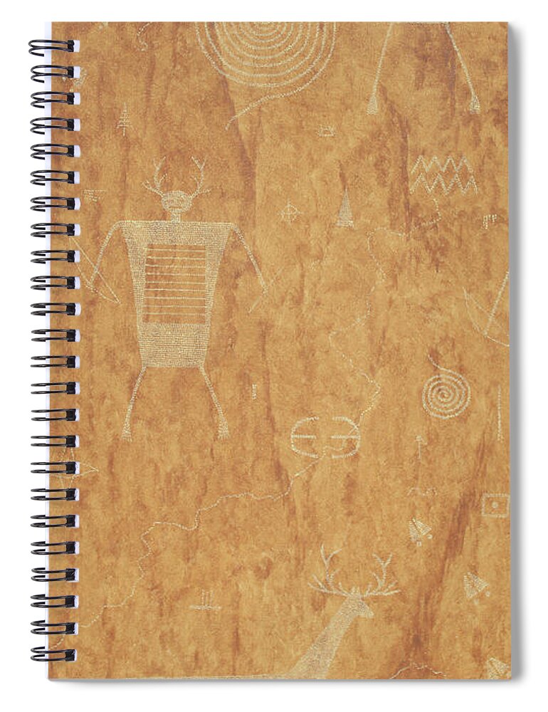Deer Spiral Notebook featuring the painting Anasazi Deer Hunters-Petroglyphs by Doug Miller