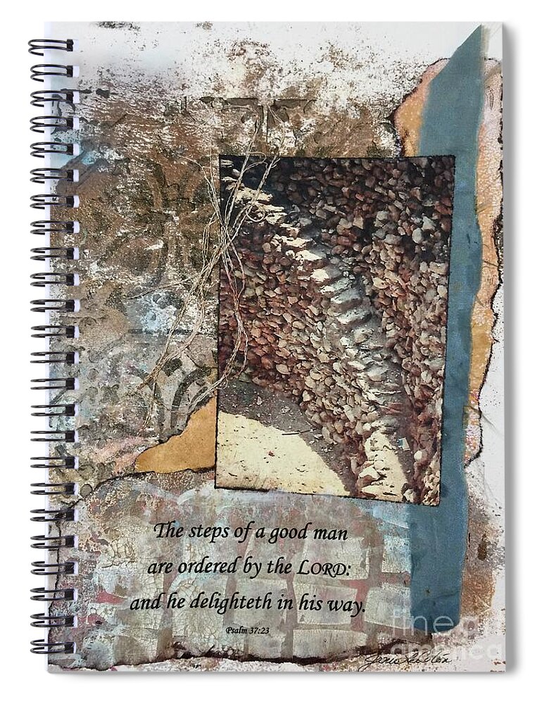 Ancient Document Spiral Notebook featuring the mixed media Ancient Docs Steps Psalm 37 by Janis Lee Colon