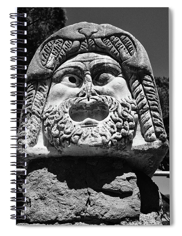 Ostia Antica Spiral Notebook featuring the photograph Ancient Marble Mask of the Arts Theater Ruins Ostia Antica Black and White by Shawn O'Brien