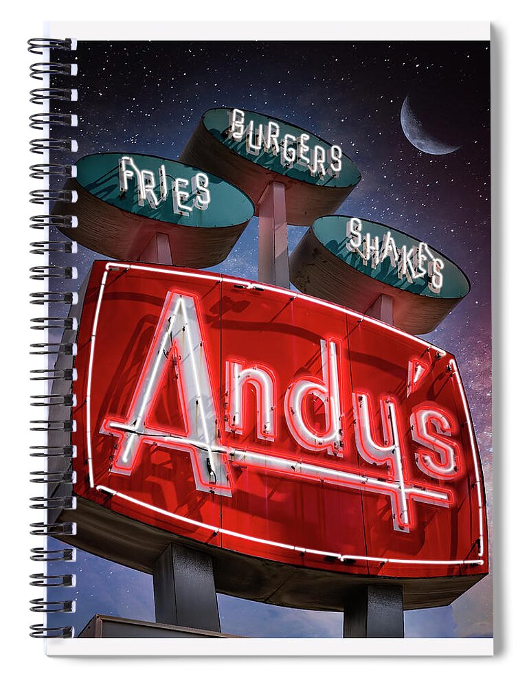 Andy's Spiral Notebook featuring the photograph Andy's Igloo Drive In at night by ARTtography by David Bruce Kawchak