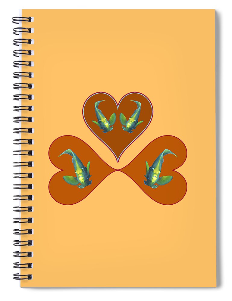 Angelfish Spiral Notebook featuring the mixed media Angelfish - Three red hearts for a colorful fish - by Ute Niemann
