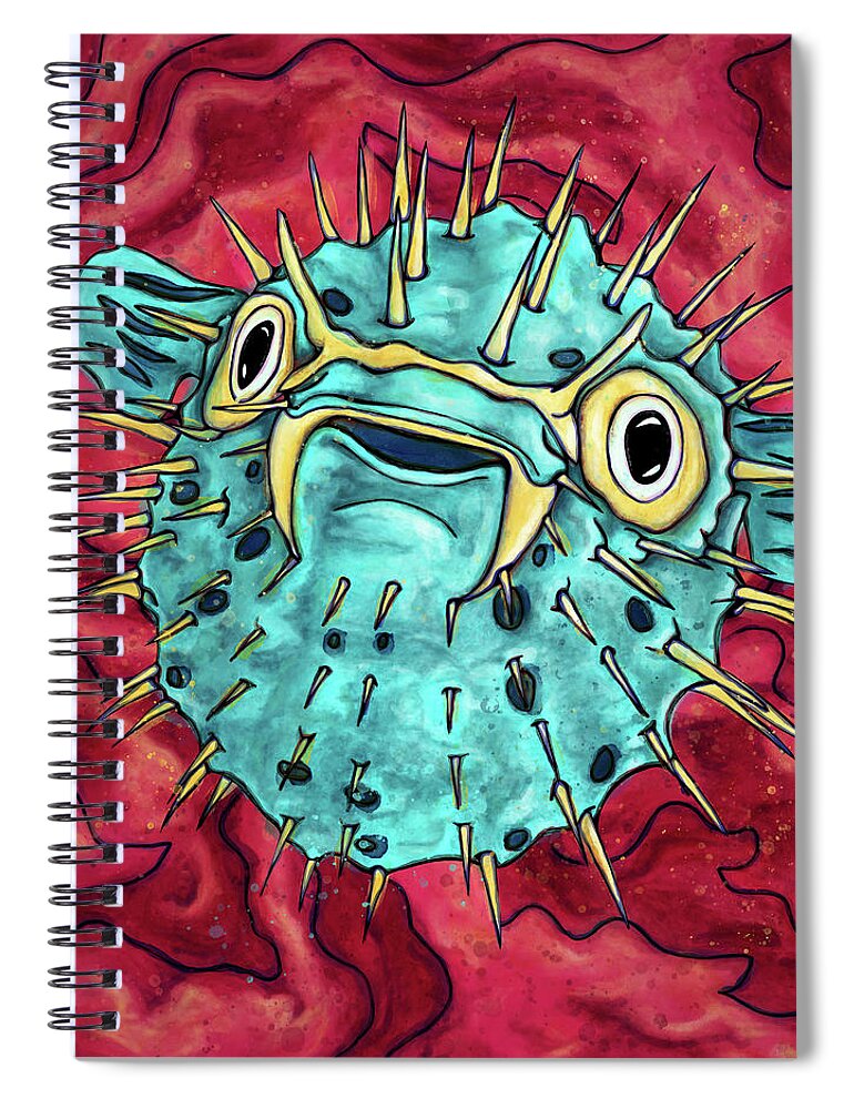 Porcupine Fish Spiral Notebook featuring the painting Anime porcupine fish painting, cute puffer fish by Nadia CHEVREL